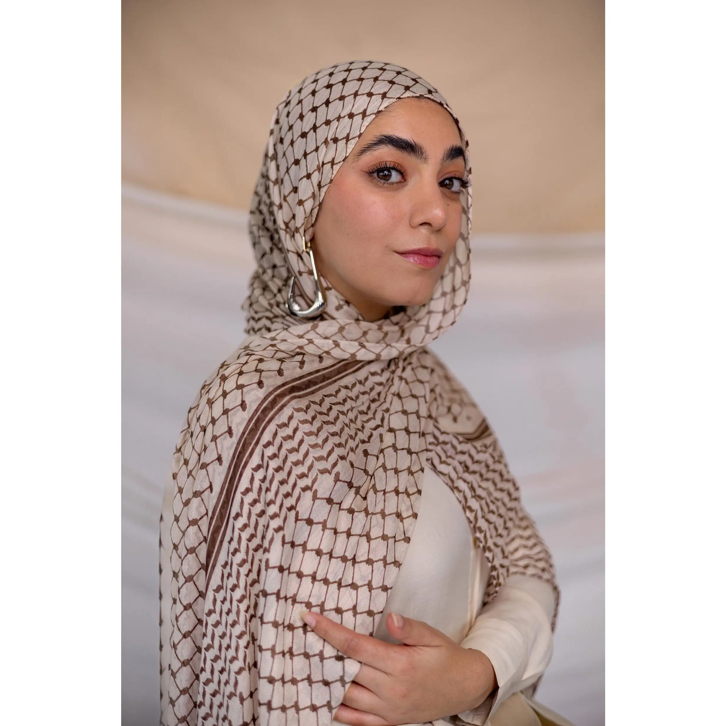 VELA Brown and White Kuffiyeh Print Modal Hijab - Lightweight, Drapey Islamic Modesty Fashion Square Hijab Style, Head Scarf, Patterned Head Wrap, Muslim Headscarf Cover, Daily Wear, Hand Wash Only
