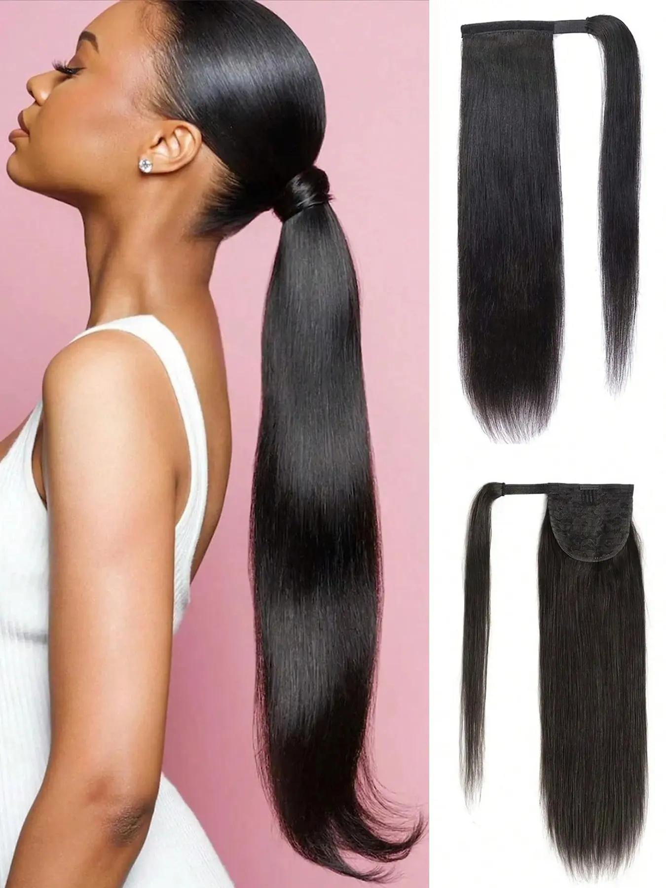 Women's Long Straight Real Human Hair Ponytail Extension, Remy Hair with Magic Paste Attachment, Natural, Clip-In/cut-Out Design, Hair Extensions