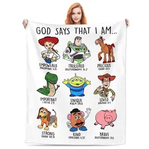 DISNEY CLASSIC Toy Story Inspirational Fleece Throw Blanket – "God Says That I Am..." with Full-Body Character Designs and Bible Verses, Soft Cozy Blanket for Kids, Teens & Faith-Based Fans