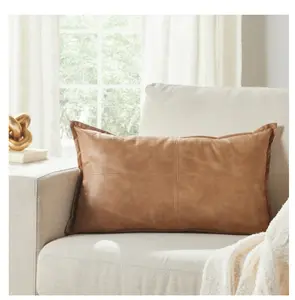 Beige Vegan Leather Decorative Pillow 14" x 24"