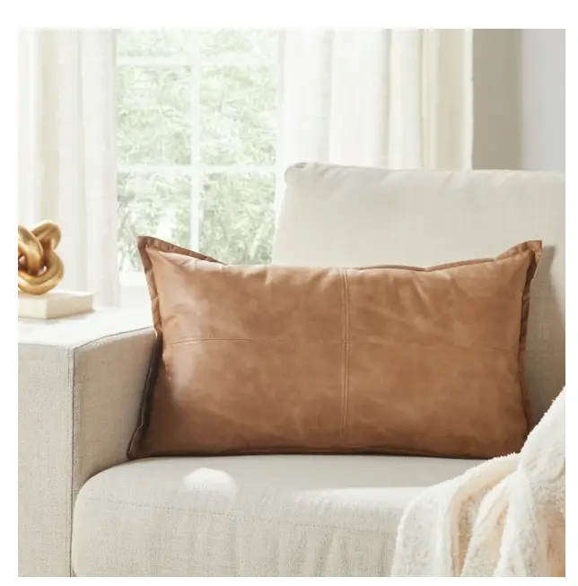 Beige Vegan Leather Decorative Pillow 14" x 24" Beige Vegan Leather Decorative Pillow 14" x 24"