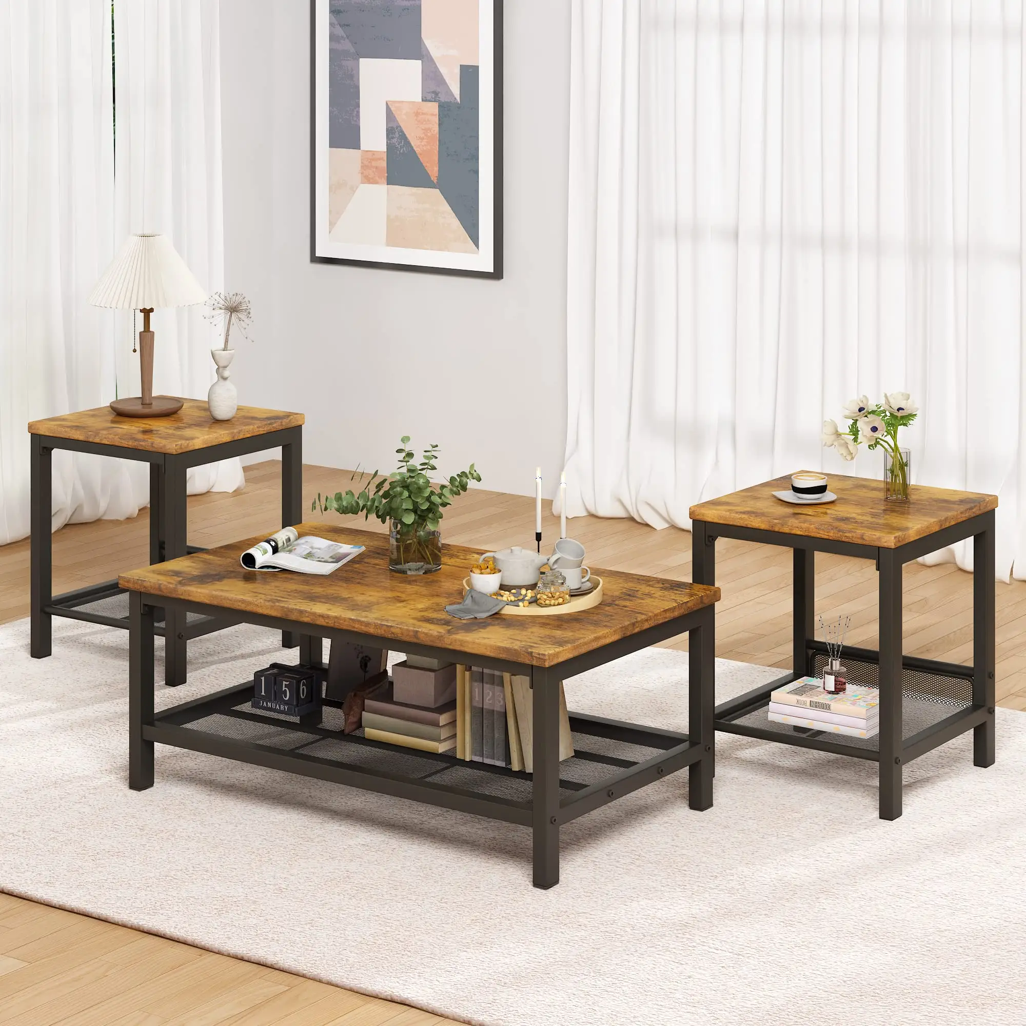 Lamerge 3 Pieces Living Room Table Set, Industrial Coffee Table with 2 Square End Side Tables, Coffee Table Set with Metal Frame for Apartment Home Of
