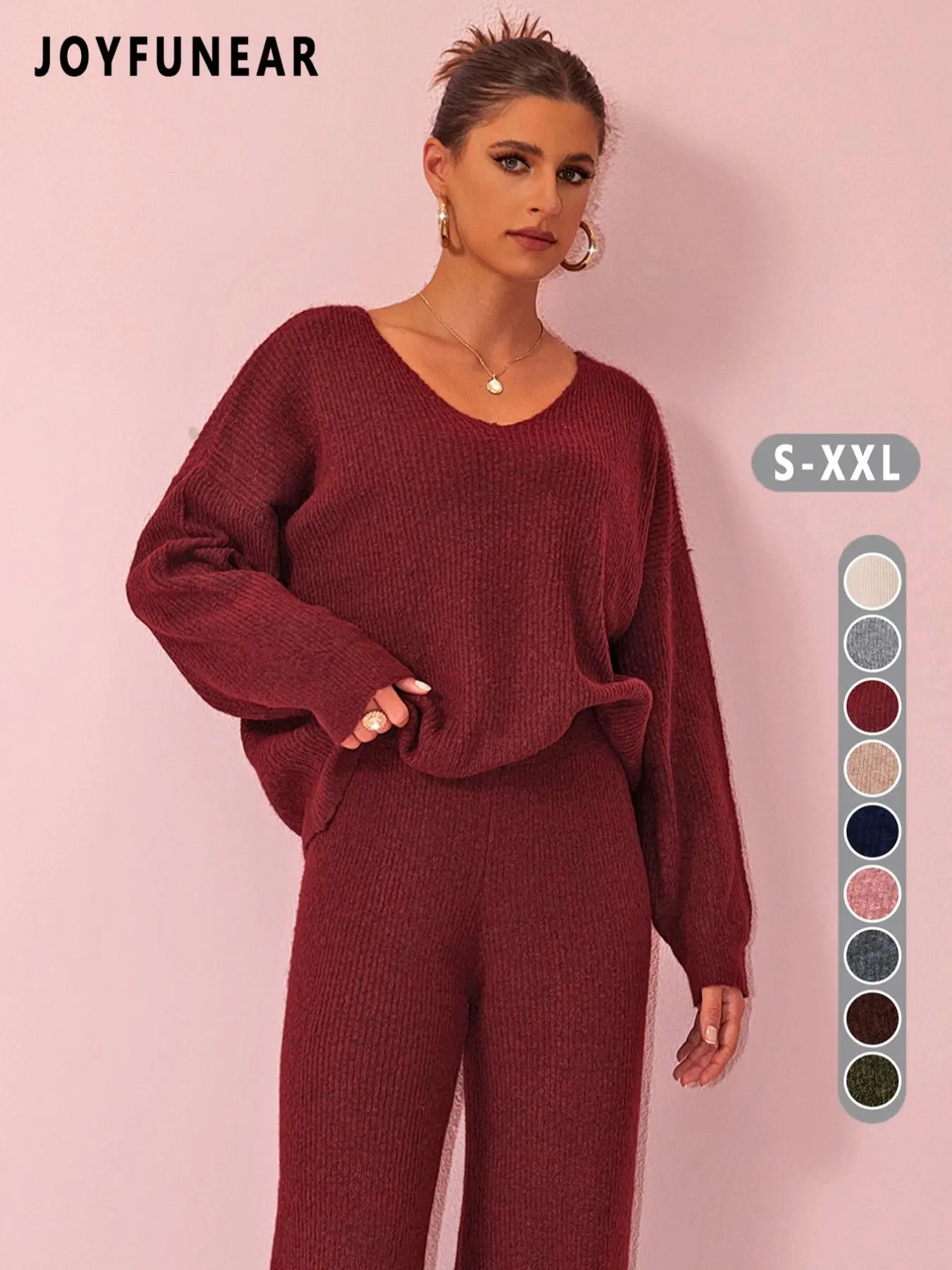 Two-piece Set Women's Solid Color Drop Shoulder Sweater & Pants, Casual Fashion Cozy Knitwear Set for Daily Outdoor Wear, Women Knitwear for Fall & Wi