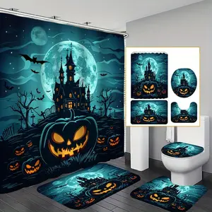 Set of 1/4 Halloween Spooky Castle Cartoon Pumpkin Printed Shower Curtains, Including a Printed Shower Curtain, Non-Slip, Toilet Lid Cover, Bathroom, And 12 Plastic Hooks, Bathroom Additions for Home Decoration