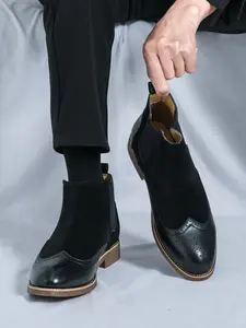 Men's New Block Carving Vintage Patchwork Matte Chelsea Boots, Breathable Comfort Business Formal Short Boot Socks