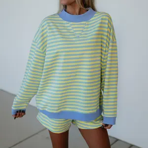 MULLVEIG Women's 2-Piece Loungewear Set, Stripe Colorblock Long-Sleeve Oversize Pullover, Elastic-Waist Shorts, Casual Summer Outfit