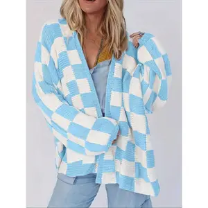Women’s color-blocked check pattern loose-fit sweater cardigan, soft and comfortable fashionable knit sweater, retro-style long-sleeve pullover