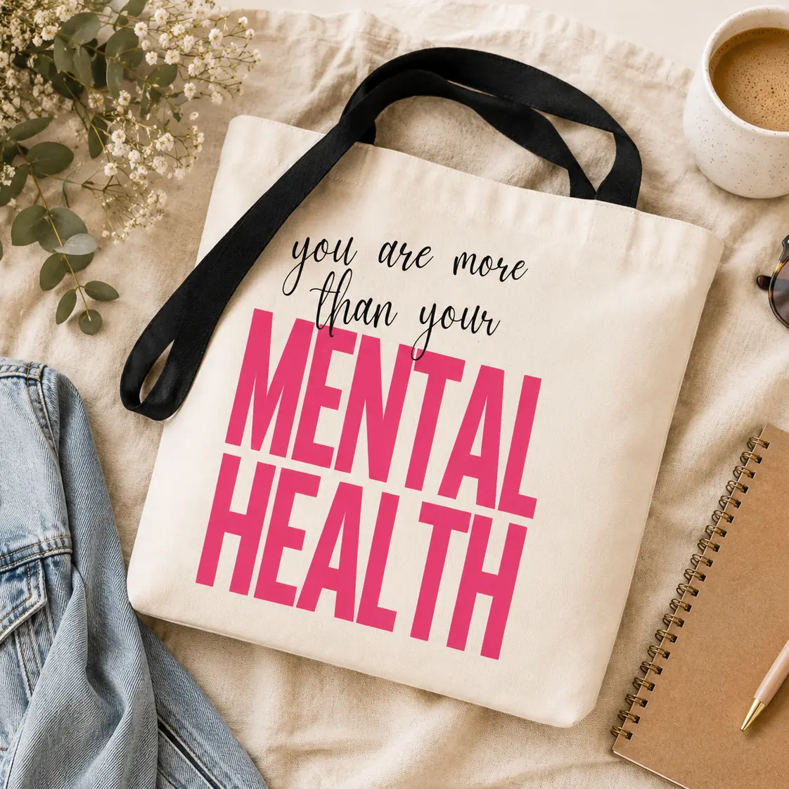 Women's Text Print Mental Health Message Tote Bag - Anxious Girl Adventures, Daily Use Bags, Dual Handles, Open Top, Polyester Body, Trendy Look