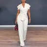 CHICME Women's 2 Pieces Outfit V-Neck Short Sleeve Twist Front Zipper Back Top & Elastic Waist Straight Leg Pants Set - Business Casual Commuter Set