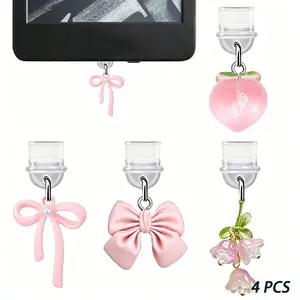 4 Piece Cute Phone Dust Plug Set, Peach, Bowknot, Wind Chime Design, Compatible with Android Type C/USB C Interface