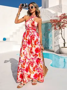 Women's Halter Neck Sleeveless Dress, Crisscross Back Strap Design, Artistic Prints, Bohemian, Ideal for Casual & Party Occasions, Elegant Dailywear, Womenswear