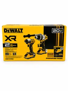 DEWALT 20V MAX XR Brushless 2-Tool Combo Kit. Designed for professionals, this kit includes a powerful hammer drill and impact driver, two 4.0Ah XR batteries, charger, and contractor bag.