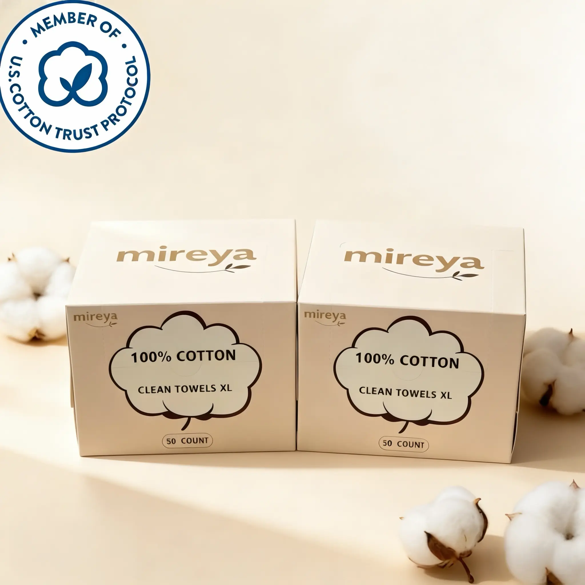 Mireya Disposable Face Towel XL 100% US Cotton Ultra Soft 12”x 10”Large Size, 2 Pack 100 Count Dry and Wet Use for Makeup Remover and Face Clean, Daily gentle Skincare, Thickened Wipes for Sensitive Skin, Chemical-free, 100% Biodegradable, Super Absorbent