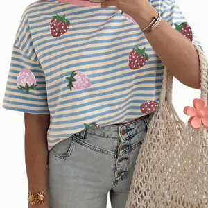 Women's Casual Striped Short Sleeve T-Shirt Cute Strawberry Sequin Embellished Loose Fit Round Neck Summer Tops 95% Cotton, Chic, Fabric,summervibes