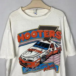 Vintage Hooters Racing Team T-Shirt, Playful Retro NASCAR Aesthetic Graphic Tee, Aesthetic 90s Motor Sports Fan Top, Trendy Oversized Racing Heritage Design, Premium Heavyweight Cotton Classic Apparel