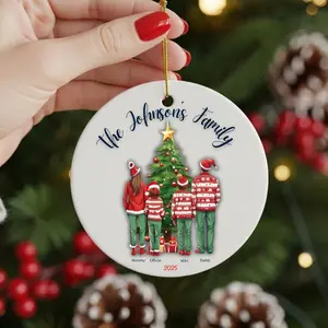 Personalized Family Christmas Ornament - Ceramic Keepsake with a Family in Matching Pajamas, "The Johnson's Family," Custom Names, and 2025 Date.