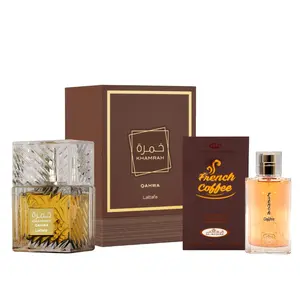 2 Pack of Khamrah Qahwa for Unisex Eau de Parfum Spray, 100ml by Lattafa and French coffee 50 ml perfume.