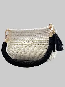 EME Handmade Legacy Handmade Crochet Black & White Women's Handbag - Braided Top Handle, Lightweight Purse, Hand Shoulder Bag