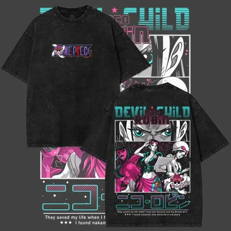 trendy streetwear shirt retro loose t-shirt Nico Robin "Devil Child" One Piece Acid Wash Oversized Tee Retro Y2K Anime Graphic Shirt Soft Short Sleeve Casual Top Trendy Unisex Streetwear Urban Outfit Gift for Manga Fans Menswear