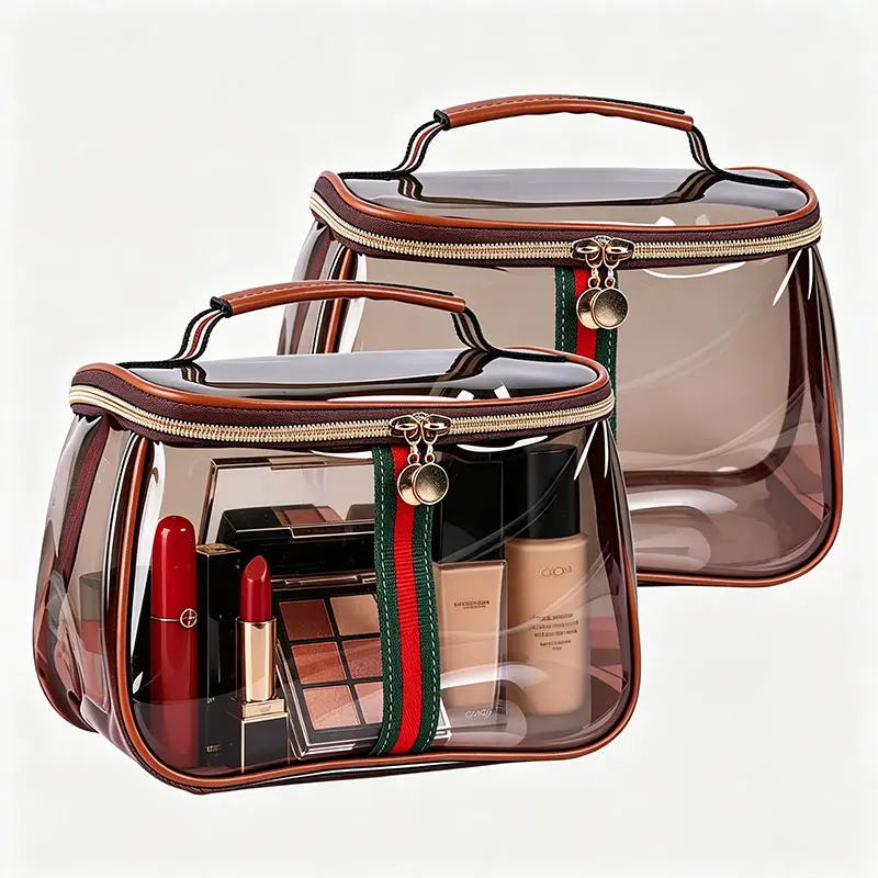 Women's New Retro Vintage Vanity Bag (1-2PCS, Brown) - Waterproof Transparent Large-Capacity Makeup Organizer, Portable Multifunctional Skincare Toiletry Case for Daily & Travel Use