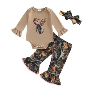Newborn Infant Baby Girl Hunting Clothes Deer Romper Jungle Camo Flare Pants Set Headband 3Pcs Outfits