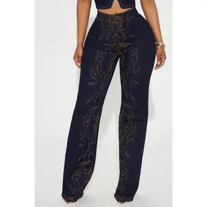 Take The Reigns Embroidered Stretch Wide Leg Jeans - Dark Wash
