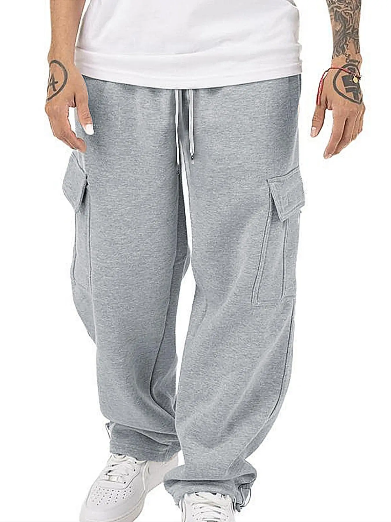 Men's Loose Plain Pocket Drawstring Waist Straight Leg Sweatpants, Casual Soft Comfortable Pants for Daily Wear, Men's Fall & Winter Trousers