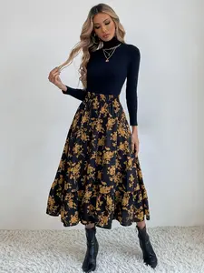 Women's Floral Print Elastic Waist A Line Skirt, Elegant High Waist Midi Skirt For Daily Wear Vacation Holiday Party, Ladies Spring & Fall Clothes