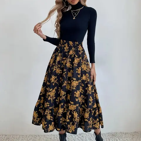 Women's Floral Print Elastic Waist A Line Skirt, Elegant High Waist Midi Skirt Fit For Daily Wear Vacation Holiday Party, Ladies Spring & Fall Clothes