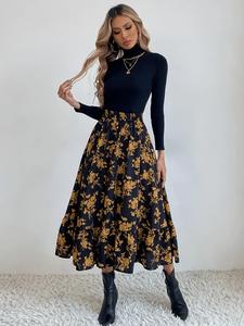 women's floral print elastic waist a line vintage skirt, daily skirts for women, elegant high waist midi skirt for vacation holiday party, ladies spring & fall clothes, birthday gifts, womenswear