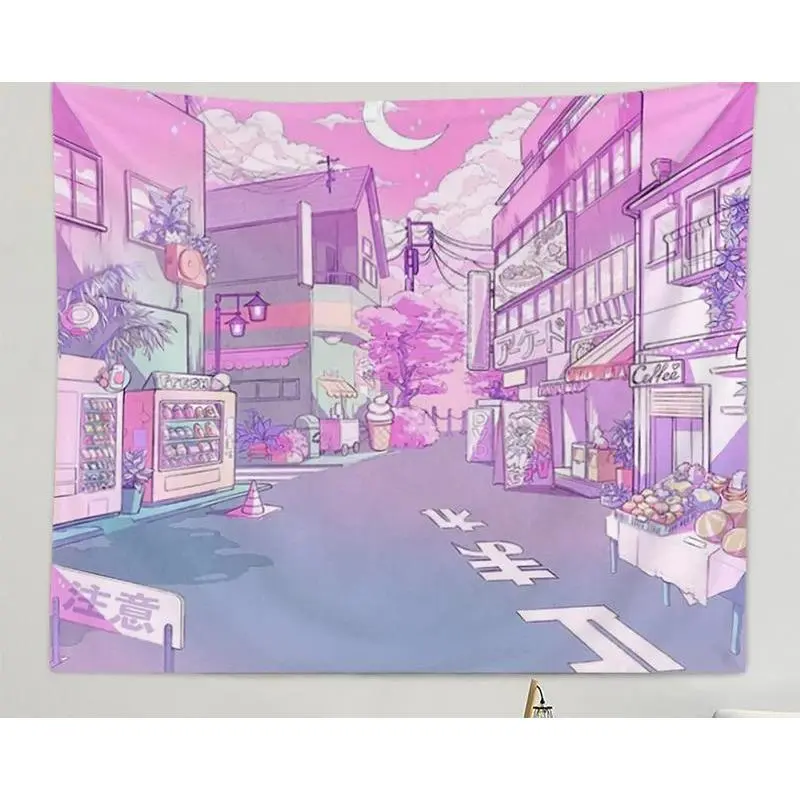 Pink Moonlight Tapestry Moon Night Japanese Wall Hanging Aesthetic Bedroom Decor College Dorm Home Decor Perfect Cozy Room Vibes