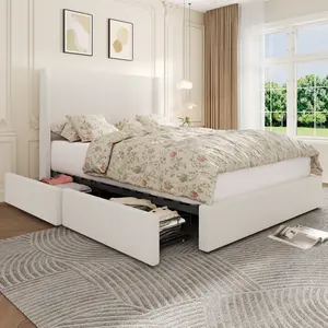 Bed Frame Queen Size with 4 Storage Drawer Modern Upholstered Platform Bed Frame with Storage Drawers, Bed Frame with Headboard and Corduroy Vertical Channel Tufted Wingback, Sturdy Wooden Slats Support, Noise Free, Beige