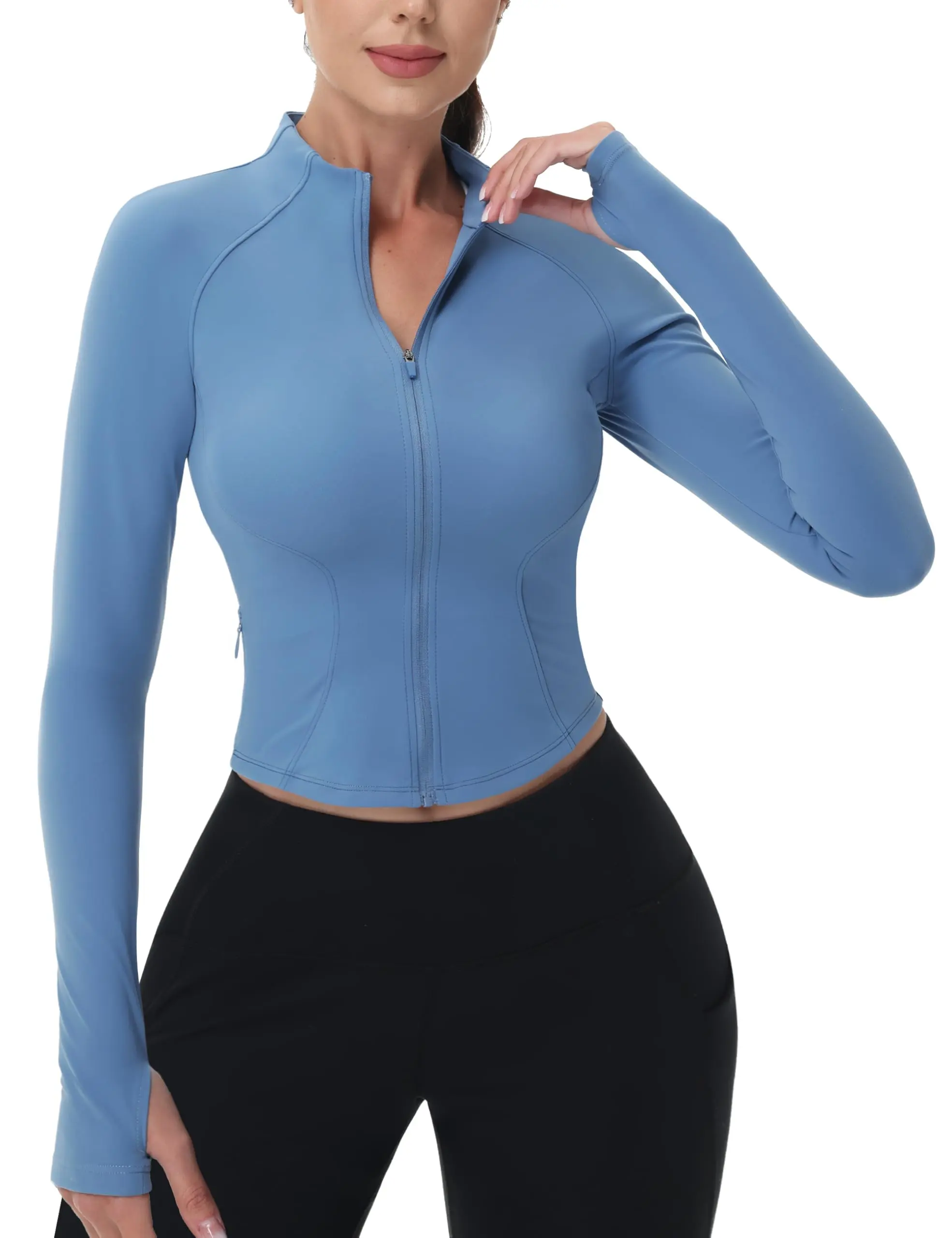 Cotrasen Womens Lightweight Athletic Jacket Cropped Zip Up Workout Jackets Long Sleeve Yoga Tops Slim Fit Running Gym