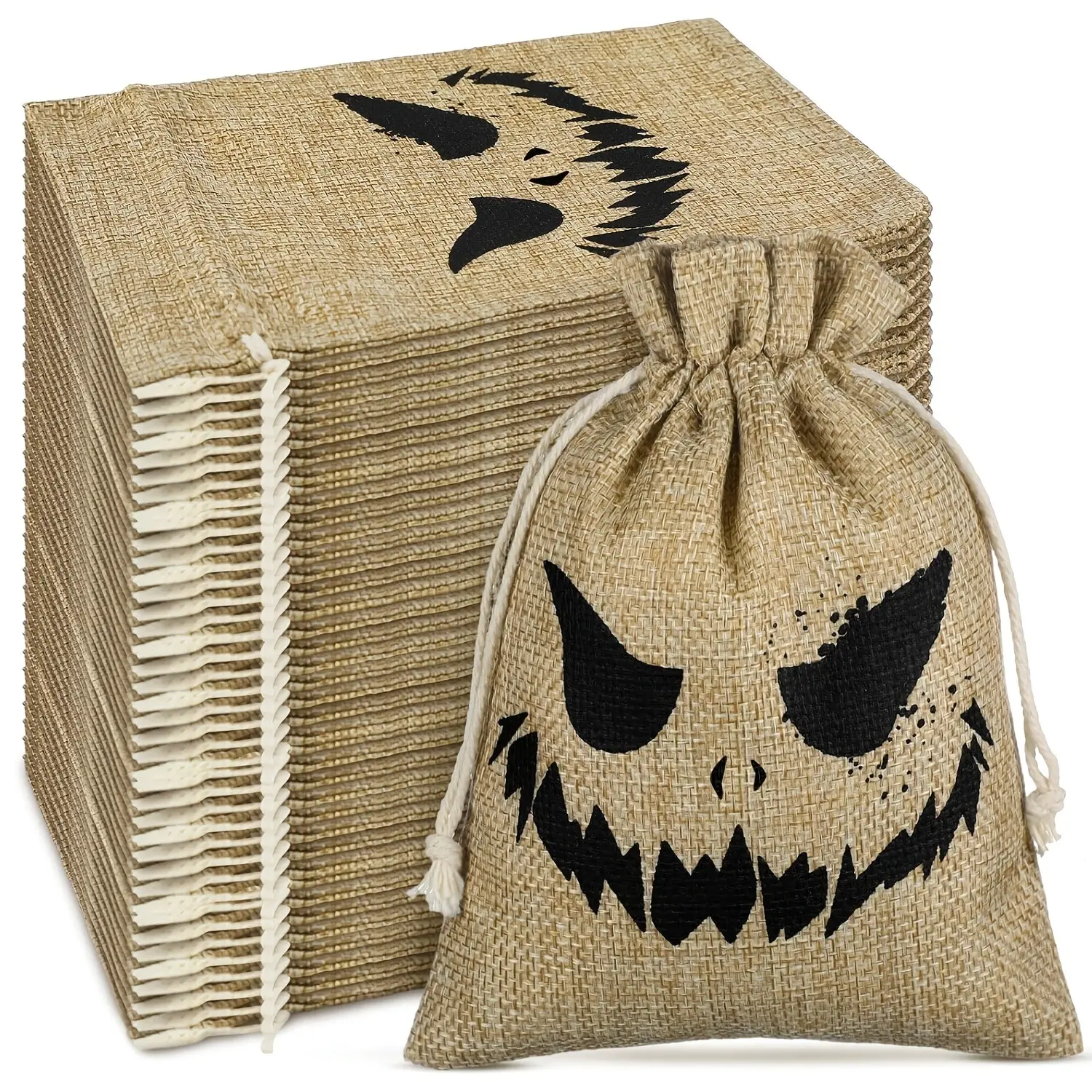 Halloween Scary Face Linen Drawstring Bags, Trick or Treat Candy Pouches, Spooky Pattern Gift Sacks for Party Favor Storage