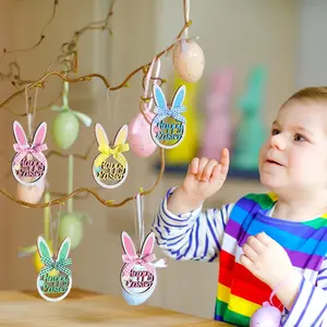 Easter Bunny Tree Decorations Set of 4, Wooden Hanging Rabbit Ornaments with Plaid Bow & Rope, Cute Spring Home Decoration, Wooden Decorative Ornaments