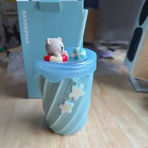 Summer Sky Lift Ring Bearista Blue Silicone Cup Lid 12 oz Water Strip Ceramic Cup Final Sale