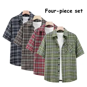 Men’s 4-Pack Short Sleeve Plaid Button-Down Shirts – Casual Loose Fit, Lapel, Pocket, Vintage Style, Oversized for Summer