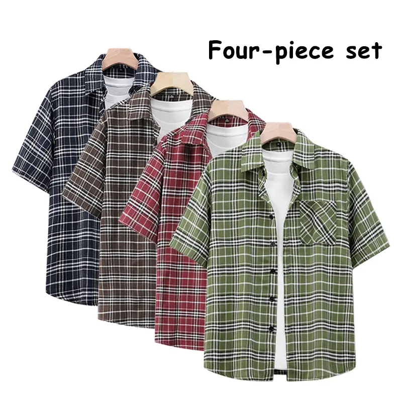 Men’s 4-Pack Short Sleeve Plaid Button-Down Shirts – Casual Loose Fit, Lapel, Pocket, Vintage Style, Oversized for Summer
