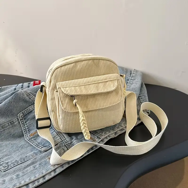 Retro Harajuku Corduroy Women's Crossbody Bag Casual Japanese Style Shoulder Bag Handbag with Zipper Closure Solid Color Polyester Lining Hand Washable New Year's Gift