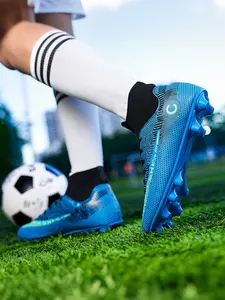 Unisex Youth Soccer Cleats, High-Top PU Leather, Round Toe, Sporty Style, All-Over Print, Breathable Lightweight, Outdoor Grass Field