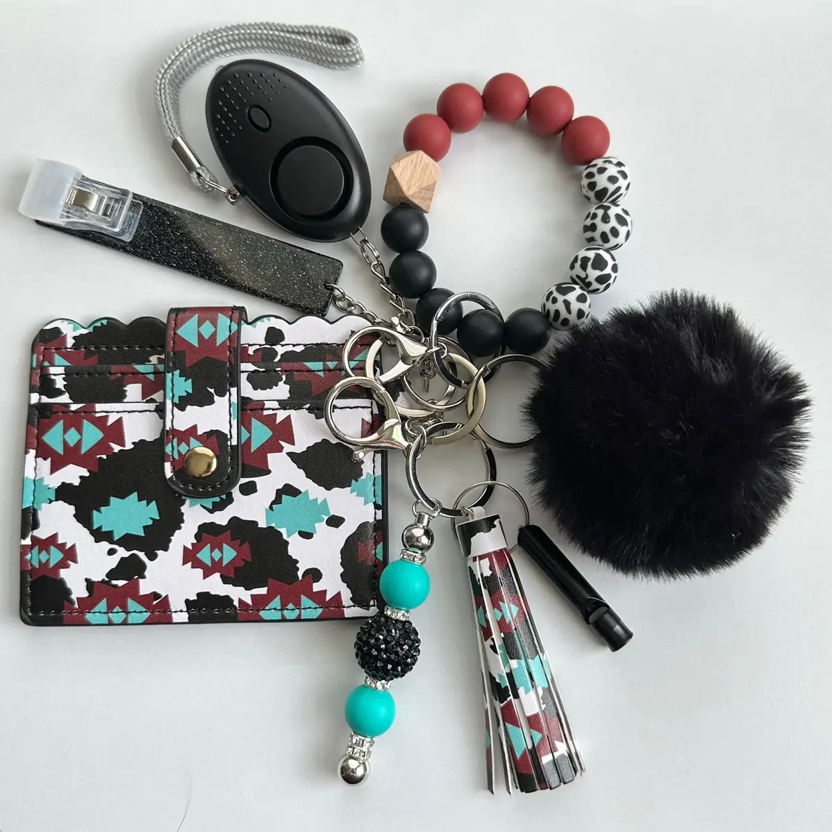 Western Cow Print Wallet Wristlet Pom Pom Accessories LED Light Alarm Bling Keychain