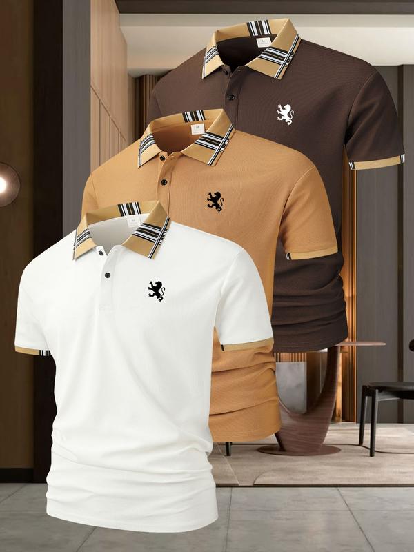 3pc A672 Lion Print British Style Men's Casual Short Sleeve Shirt, Golf Sports Polo Shirt, Golf Tournament Shirt, Summer Fitted Outdoor Wear 3pc A672 Lion Print British Style Men's Casual Short Sleeve Shirt, Golf Sports Polo Shirt, Golf Tournament Shirt, Summer Fitted Outdoor Wear