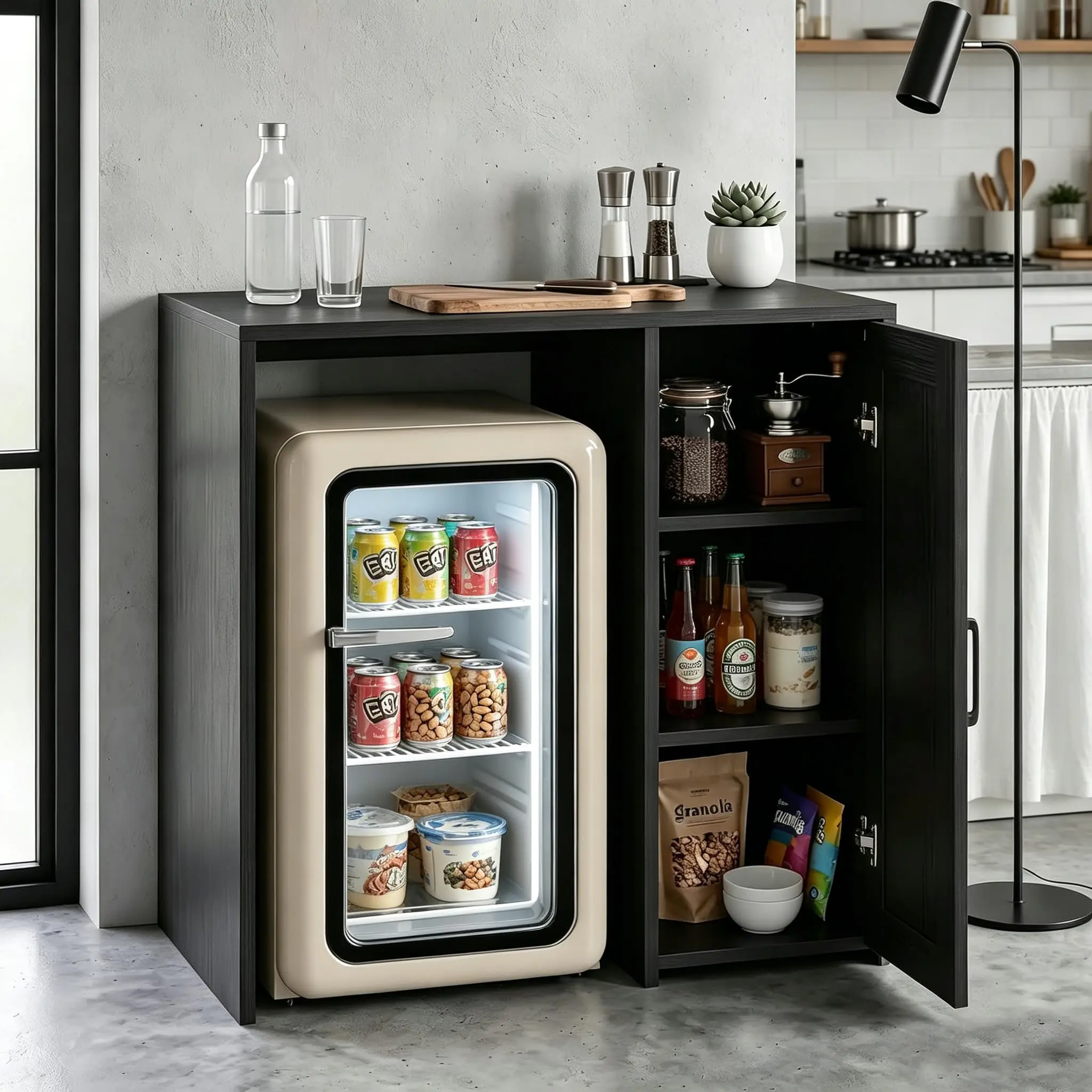 37.4" w Mini Fridge Storage Cabinet with Barn Door & Built-in Outlet, Space Saving Over Shelf Organizer, Particle Board, Black