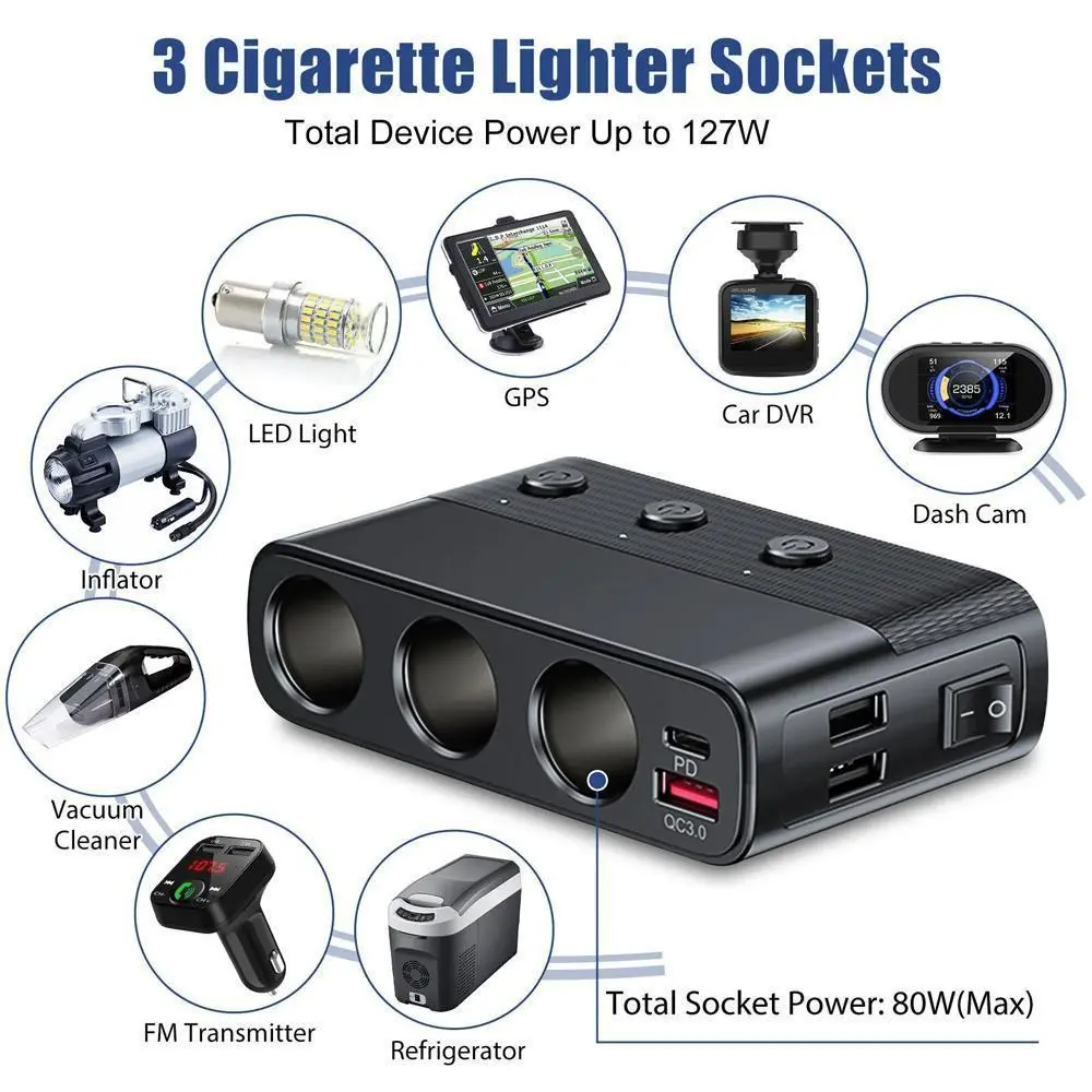 7-in-1 Multi Smart Car Charger PD Adapter - 12V/24V 3-Socket Power Outlet Splitter for Cars Accessories, Trucks, Type-C QC Fast Charging, 2 USB Ports, Independent Switches, LED Voltage Display