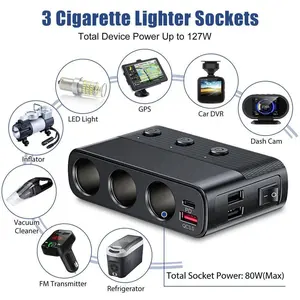 7 In 1 Car Charger Adapter Plug Splitter, 12V/24V 3 Socket Power Outlet with Type-C QC3.0 2 USB Ports Independent Switches LED Voltage Display