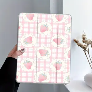Kawaii Pink Strawberry Design iPad Case Transparent Acrylic Hard Back Panel With Pencil Slot,Suitable for Ipad mini pro air. Scratch-resistant Ultra-thin Protective Case, Shock-resistant Full Cover Protective Case Suitable for Offices Schools and