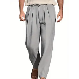Men's Cotton Wide Leg Pants - Pleated, Drawstring Waist, Machine Washable for Long Beach Casual Wear Menswear Stretch Fabric Trouser