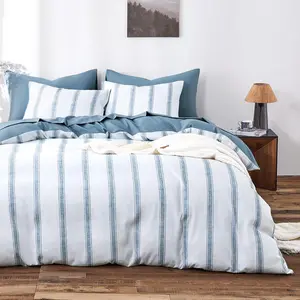 - Striped Comforter Set, Farmhouse Style with Vintage Ticking Vertical Stripe Pattern, Soft Lightweight Bedding, 3-Piece, Greyish Blue, Queen Size