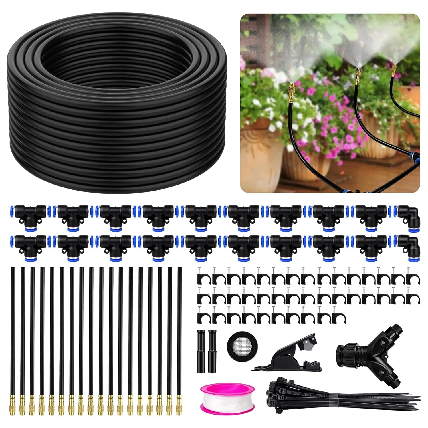 100 ft Adjustable Drip Irrigation System Kit - 360° Garden Sprinkler, Misting Set with 18 Nozzles for Yd, Greenhouses, Plant Watering, Greenhouse, Garden Sprinklers