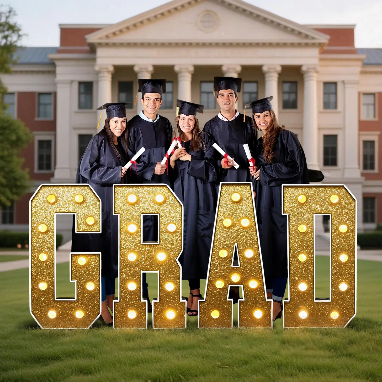 4ft illuminated frame letter sign, featuring GRAD large luminous words, emitting both cool white and warm white light, making it an ideal decoration for graduation parties, graduation season, and graduation anniversary parties
